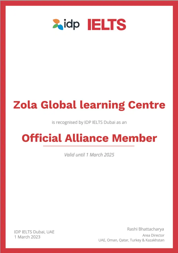Poster representing Zola Learning Academy as Official Alliance Member of IELTS